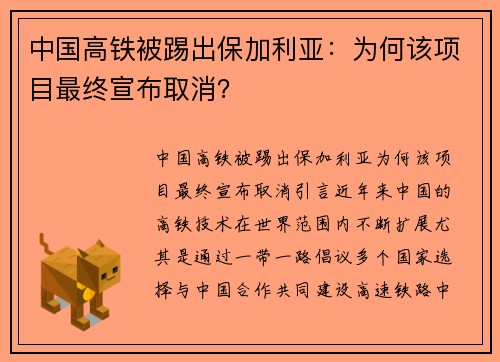 中国高铁被踢出保加利亚：为何该项目最终宣布取消？